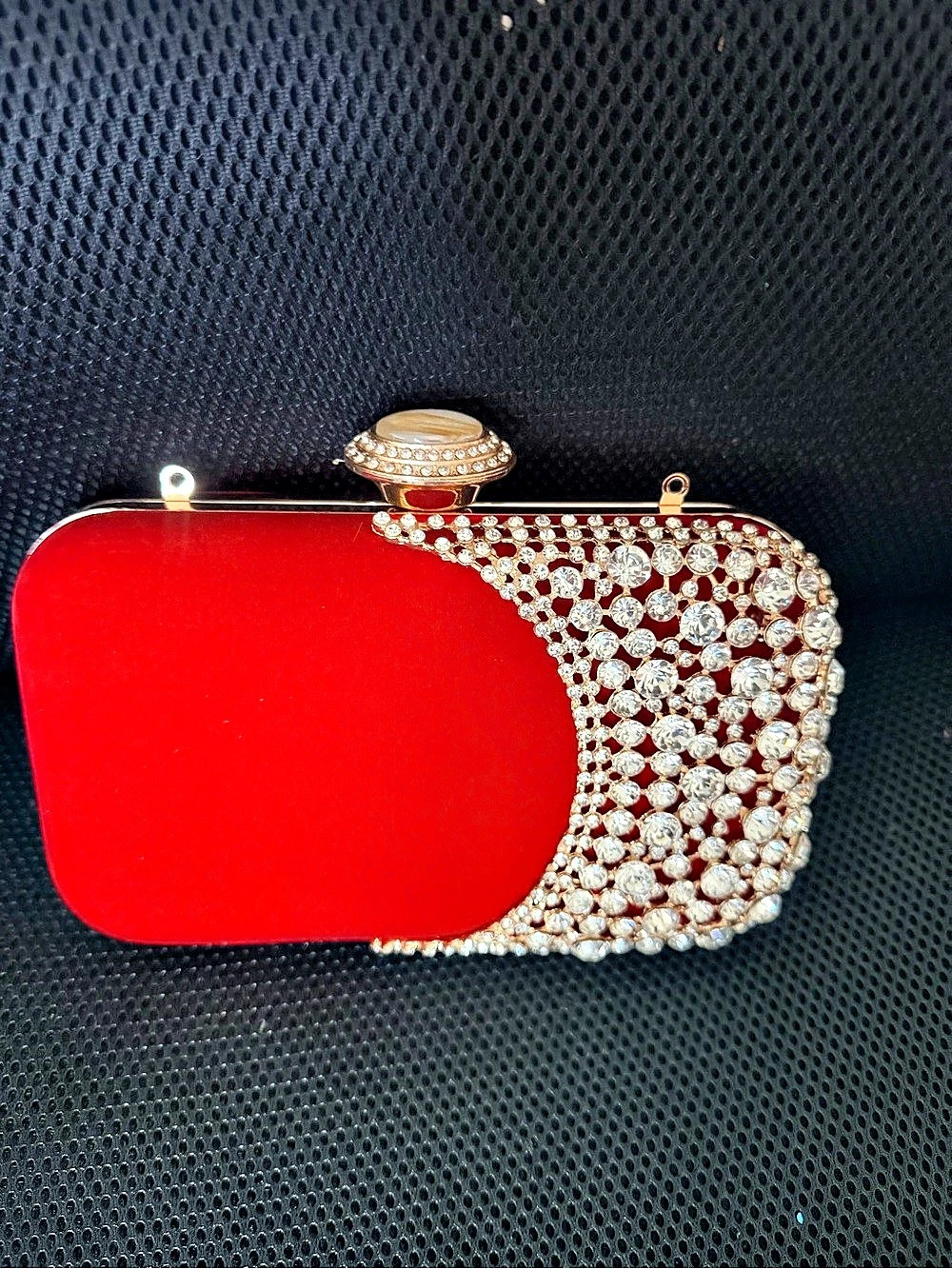 Velvet Red Glitter Rhinestone Evening Clutch Bag Red & Gold